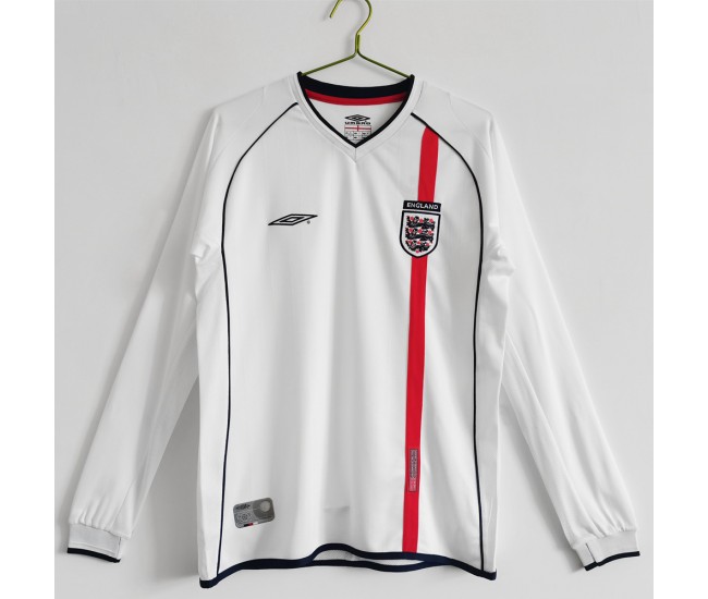 England Men Long Sleeve Home Retro Soccer Jersey 2002 